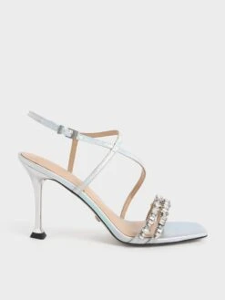 Holographic Leather Gem-Embellished Strappy Sandals