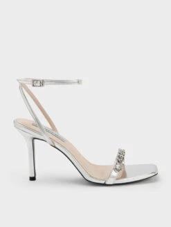 Chain-Embellished Metallic Ankle Strap Sandals