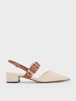 Buckled Strap Linen Slingback Pumps