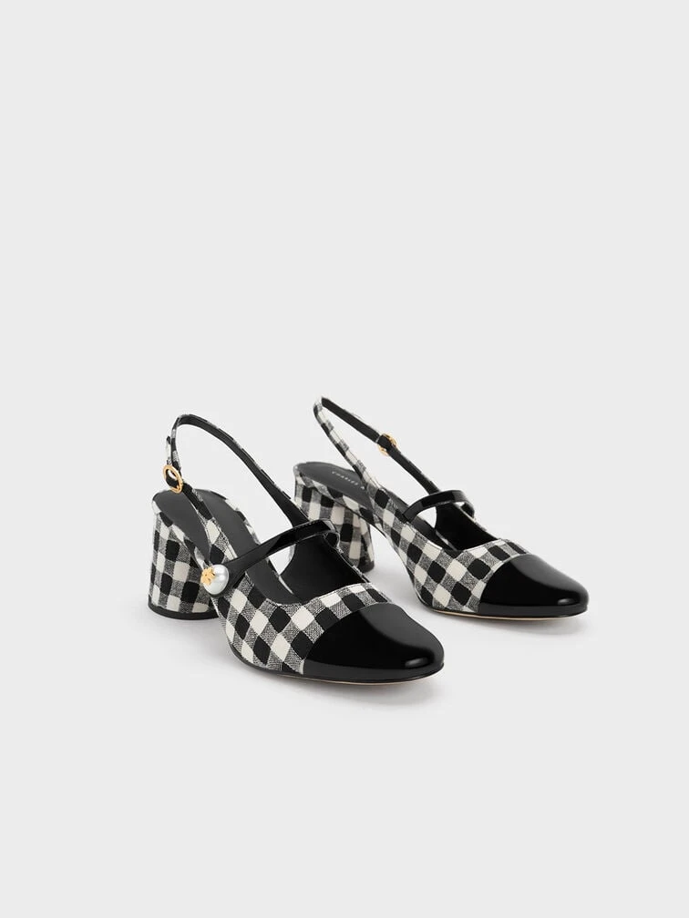 Pearl Embellished Gingham Slingback Pumps 2 Pearl Embellished Gingham Slingback Pumps - Image 2