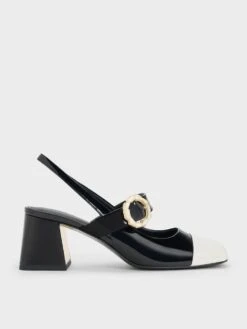 Patent Two-Tone Pearl Buckle Slingback Pumps