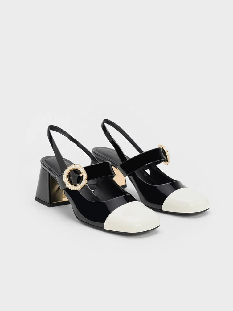 Patent Two-Tone Pearl Buckle Slingback Pumps 3 Patent Two-Tone Pearl Buckle Slingback Pumps - Image 3
