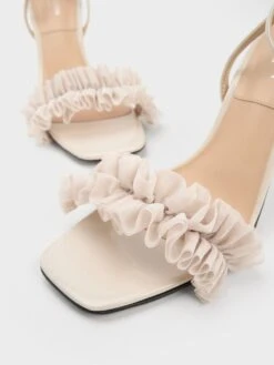 Patent Leather Ruffled Mesh Heeled Sandals -Charles & Keith 2023 L6 SL1 60280441 41 7