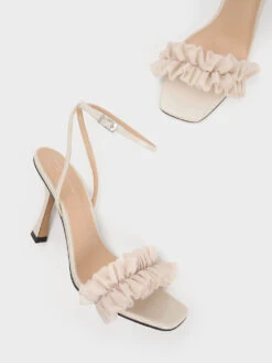 Patent Leather Ruffled Mesh Heeled Sandals -Charles & Keith 2023 L6 SL1 60280441 41 8