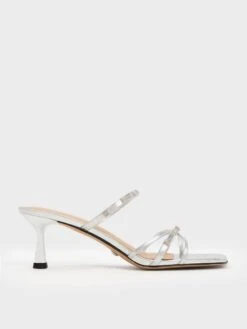 Square Crystal-Embellished Metallic Leather Heeled Mules