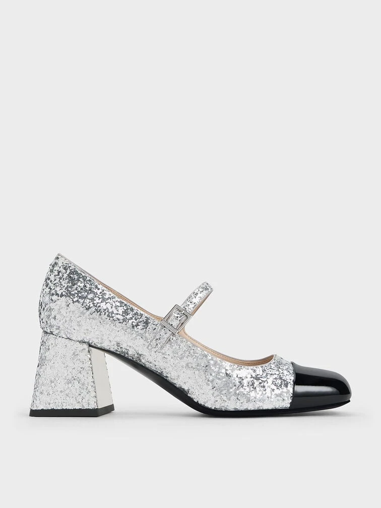 Patent Glittered Trapeze-Heel Mary Janes 1 Patent Glittered Trapeze-Heel Mary Janes