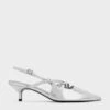 Metallic Buckle-Strap Kitten Heel Slingback Pumps