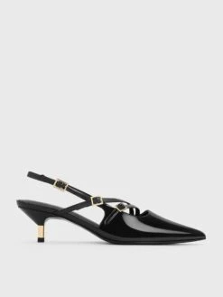 Patent Buckle-Strap Kitten Heel Slingback Pumps