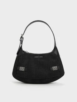 Striped Metallic-Accent Curved Shoulder Bag